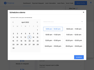 Scheduling a demo Calendar audio blue calendar clean dailyui 038 demo desktop domain finance meet number popup rebounde reservation scheduling an appointment text timeslots timezone ui video