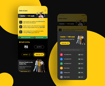 Refer & Earn Screens for SeekhoApp dark dark theme design flat illustration mobile mobile app ui ux yellow