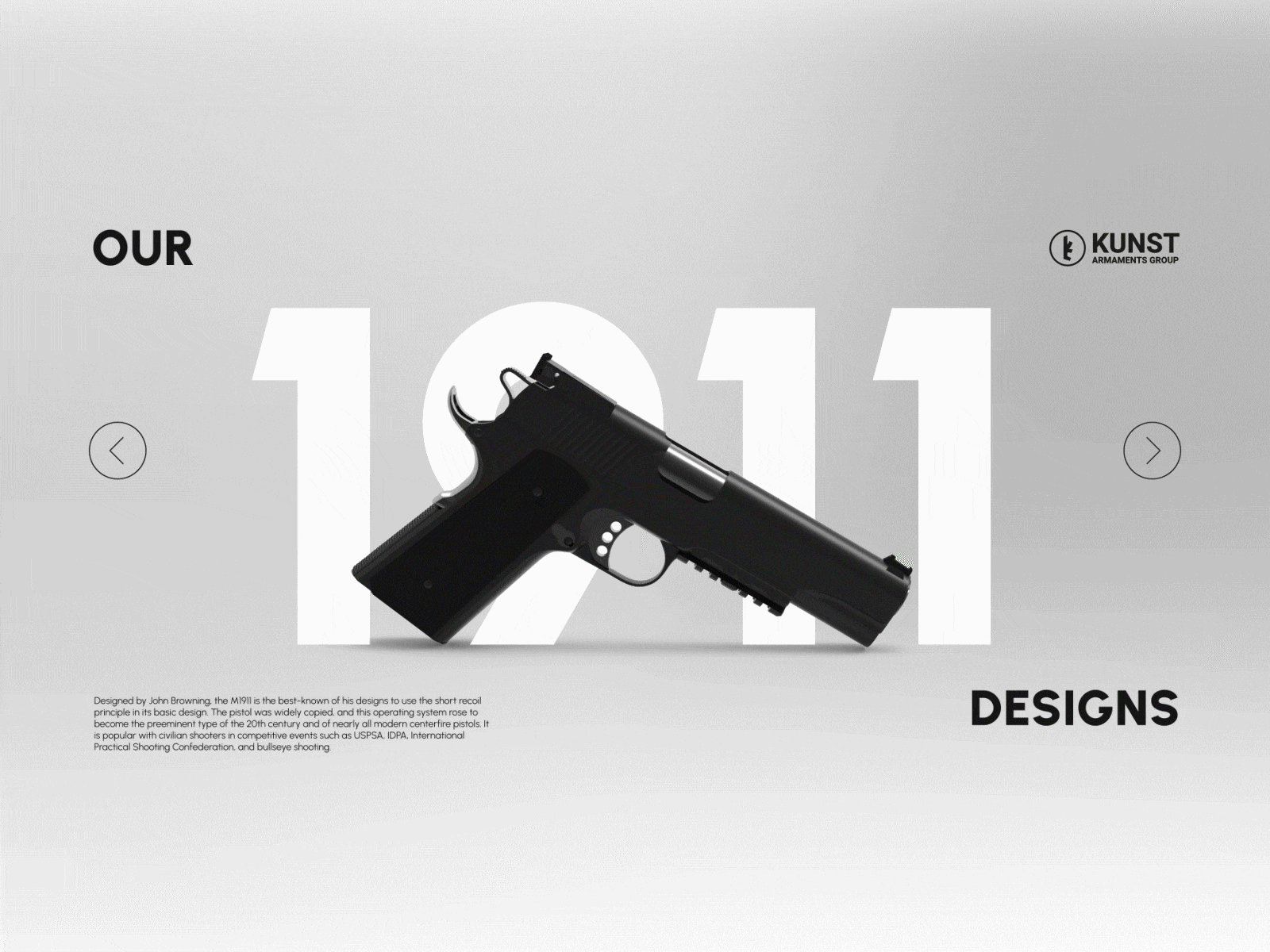 KUNST /// ARMAMENTS GROUP 3d animation app black branding contrast design firearms graphic design gun kunst motion graphics rendering ui ux vector webdesign