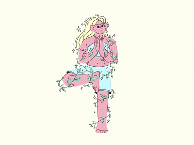 Vriksasana, illustration for a series with yoga asanas 2d asana bright colors calmness design digital flat design flat illustration girl illustration line meditation multicolored pastel plant procreate stylization vrikshasana web yoga