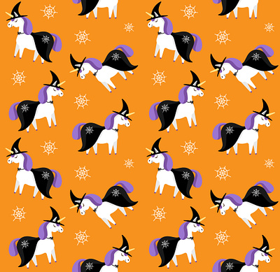 Halloween unicorn pattern animal autumn cartoon childish cute flat design halloween horse illustration orange seamless pattern spooky trendy unicorn