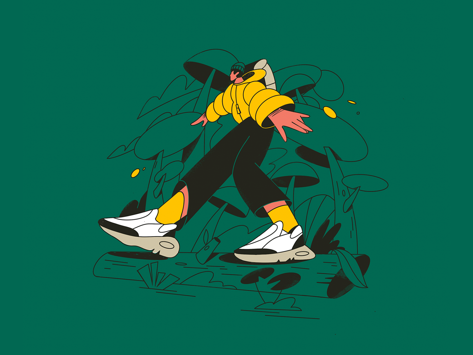 Mushroom Forest explore forest hike jacket lines nomad people shapes travel trees weekend