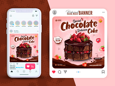 Delicious Chocolate Cake Social Media Post Design Template icecream party