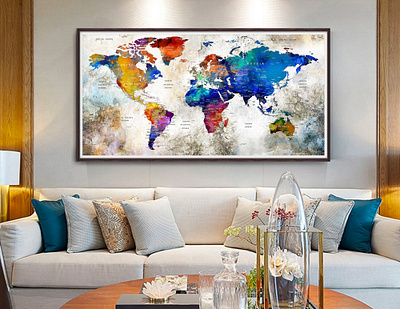 World Map Wall Decor Living Room Modern Watercolor Push Pin Map