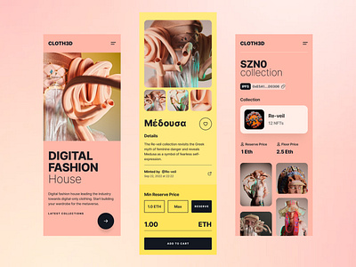 Cloth3D - Web3 Fashion House 3d clothing crypto fashion fashion studio marketplace medusa minimal mobile nft product product design reveil ui web3