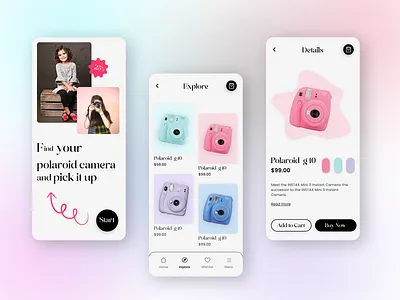 Camera Shop Mobile App android design app design app screen design branding buy and sell app camera shop app design ecommerce app full app design ios screen design landing page mobile app polaroid camera shop shop app shopping app ui ui ux design uiux website design