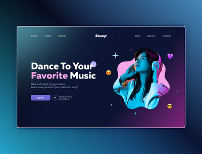 Dance & Sing / Stomp 2022 amazing artists dance dancer design favorite gradient landing page main screen music neon night pink playlists purple song ui ux web design