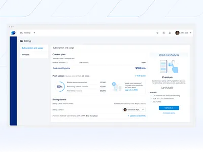 Subscription and usage page billing details dashboard design instabug pricing subscription page ui usage page ux