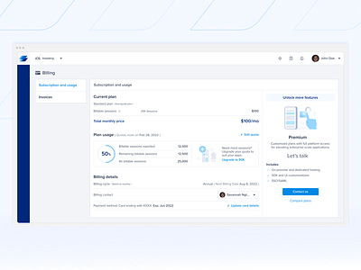 Subscription and usage page billing details dashboard design instabug pricing subscription page ui usage page ux