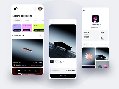 NFT Marketplace Mobile App 3d art blockchain clean colors crypto design eth etherium lighting marketplace minimal mobile nft render token trade trading ui uxui