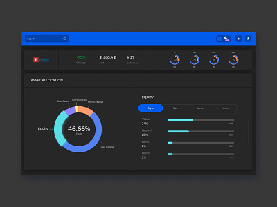 Dashboard - Asset Allocation app asset allocation blackblue theme dark mode dashboard design fintech funds graphs illustration infographics investment stocks toggles ui uiux website