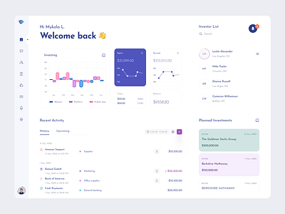 Investment Platform: Light admin charts clean crm dashboard design management minimal monitoring projects simple statistics system tasks tracking ui