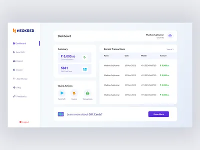 Gift card - Dashboard UI app ui bank apps banks case study colourful ui design fintech flat design gift gift cards mobile ui neobanks neokred neubrutalism purple color ui ui