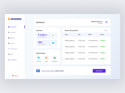 Gift card - Dashboard UI app ui bank apps banks case study colourful ui design fintech flat design gift gift cards mobile ui neobanks neokred neubrutalism purple color ui ui