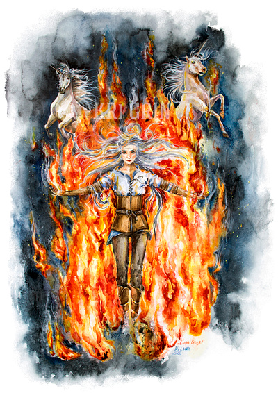 Ciri. The Power of Fire 2д cirilla illustration portait the witcher акварель дизайн единорог книжная иллюстрация огонь