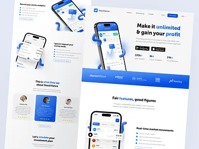 StockVance Landing Page buy chart deposit design details dribbble footer header ios landing market networthy new page popular premium sell stock trending website