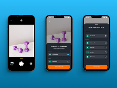 User interface of AI Fitness Recommender App by Neoteric ai app artificial intelligence barbell design dumbbell exercise exercise recommender fitness fitness recommender graphic design gym gym ball illustration image analysis med ball recommender ui user interface workout