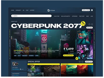 Website Redesign: STEAM Games 2077 branding cyberpunk design discord games gta illustration live logo marketing minimal simple steam stream ui uiux ux vector youtube