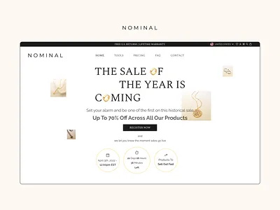 Website Design: Nominal Arabic Jewelry Sale animation arabic branding design discount hero hero page identity jewelry landing page marketing minimal minimalistic off prototype sale simple ui uiux ux