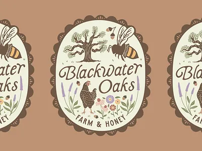 Blackwater Oaks Farm & Honey badge bee chicken container gardening cottagecore custom font custom lettering doily farm gardening honey honeybee illustration logo design oak tree