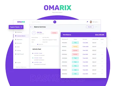 Dashboard Design: OMARIX Medical Billing Platform adobe brand branding cure dashboard design health hospital invoice love medical page prototype simple ui uiux user ux web xd