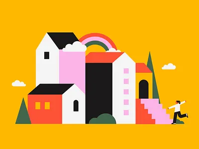 Houses flat design fun geometric happy houses illustration illustrator orange pink red scenario simple yellow