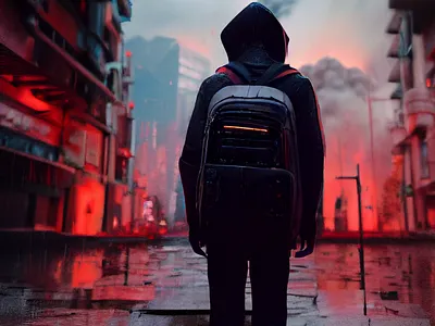Lonely Backpacker in a Cyberpunk World cyberpunk design