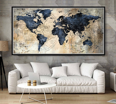 Large World Map Push Pin Executive Style | Dark Blue, Black Pin