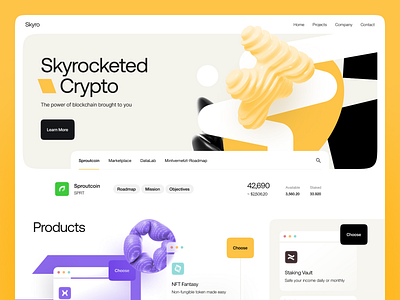 Skyro Crypto Landing Page 3d binance bitcoin black blockchain crypto cryptocurrency defi exchange illustration jorge tavarez landing landing page tbilisi trading wallet web3 website yellow