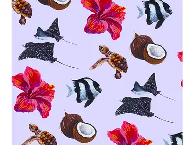 Pattern Nātura Fenua • L'atelier d'Ape acrylic animals branding coconut design fish graphic design illustration illustraton illustrator painting pattern tahiti ui
