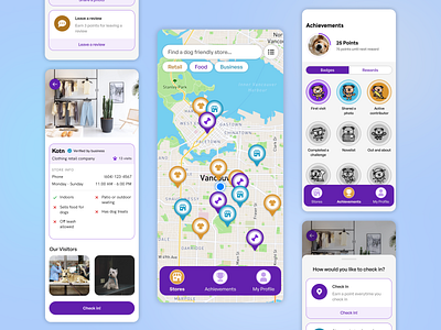 PawSpots: Dog-friendly stores near you—a UI app concept. app app design concept dailyui design dog gamification illustration mobile mobile design pets ui ux