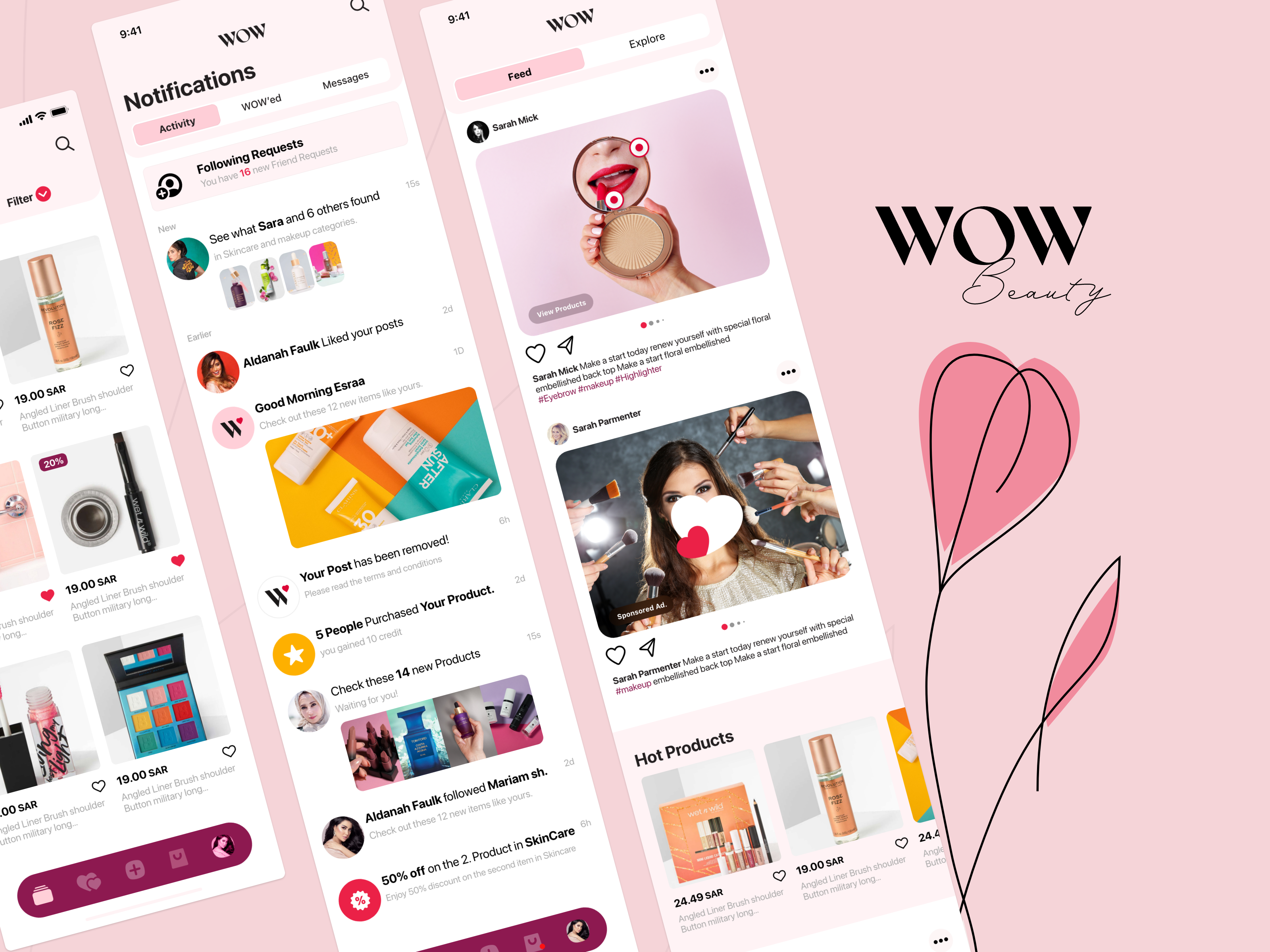 Wow Beauty Mobile App design app arab arabic beauty design dubai ecommerce feed ios ksa notifications orders profile saudi share social media tracking ui ux wallet