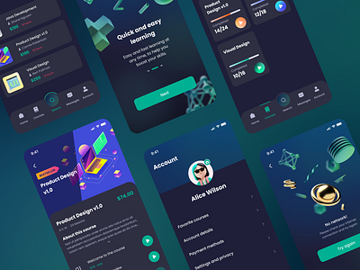 e-learning mobile app 3d 3d assets app design dark mode e learning gradient mobile app ui