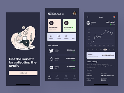 Stocks Investment App (Dark mode) android app design application clean crypto figma flat design invest investment ios iphone minimalist mobile profit stocks uiux user interface