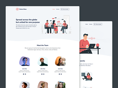 DetectNow: Covid-19 detecting AI & deep learning Landing Page about ai artificial intelligence clean coronavirus covid covid 19 deep learning figma health illustrations landing page medical modern pandemic ui design user interface ux web website