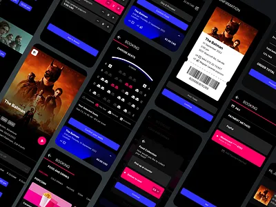 Cinema Booking App - Dark Theme case study cinema cinema app cinema reservation food app framework google google case study product design seat reservation ui ux design