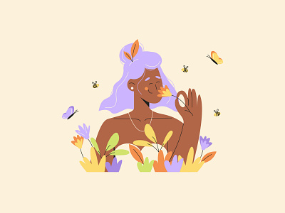 Tenderness 2d illustration bees butterflies flat flat illustration flowers girl girl illustration good mood illustration kindness minimalism tenderness