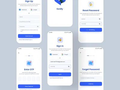 Eonify - Mobile App Authentication Page 📱📱 authentication echotemplate figma forget password ios md solaiman ali mobile app mobile app design onboarding screen product design reset password sign in sign up splash screen success state popup ui user experience user interface ux
