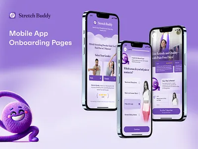 Stretch Buddy Onboarding Pages aiassistant appdesign fitnessapp flexyai gamification healthtech mobile app mobileapp onboarding onboarding page personalizedexperience quizbasedonboarding stretching ui ux workoutmotivation