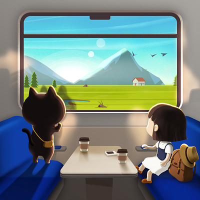 Train travel 🚃🚃🚃 cat character cute doodle drawing girl illustration photoshop train travel