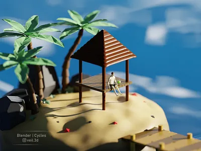 Island Boy 3d 3d illlustration 3d render alone blue design illustration island isometric low poly ocean palm tree sea shark wave