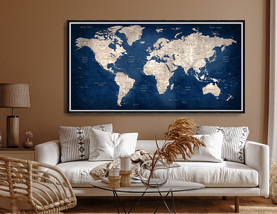 Large Navy Blue World Map Art Poster, Abstract Blue Push Pin Map