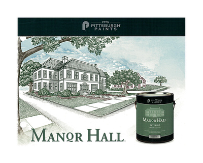 Manor Hall Paint Label Illustrated by Steven Noble architecture artwork branding design drawing engraving etching illustration landscape line art scratchboard steven noble woodcut