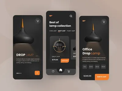 Drop lamp app design app design clean design couch ecommerce shop interior lamp light lamp store lamp website light control lightning md sajib minimal mobile design modern app online store popular sajib smart home app table lamp ui