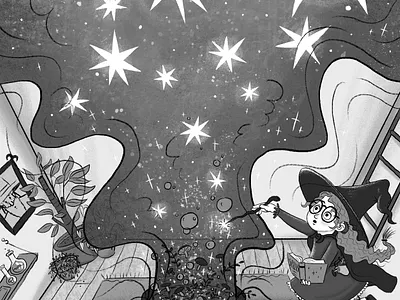 Witch's Spell Goes CRACKLE CRACKLE BOOM animation blackandwhite book illustration chapterbooks childrens book childrens illustration illustration illustrator middlegradebooks procreate