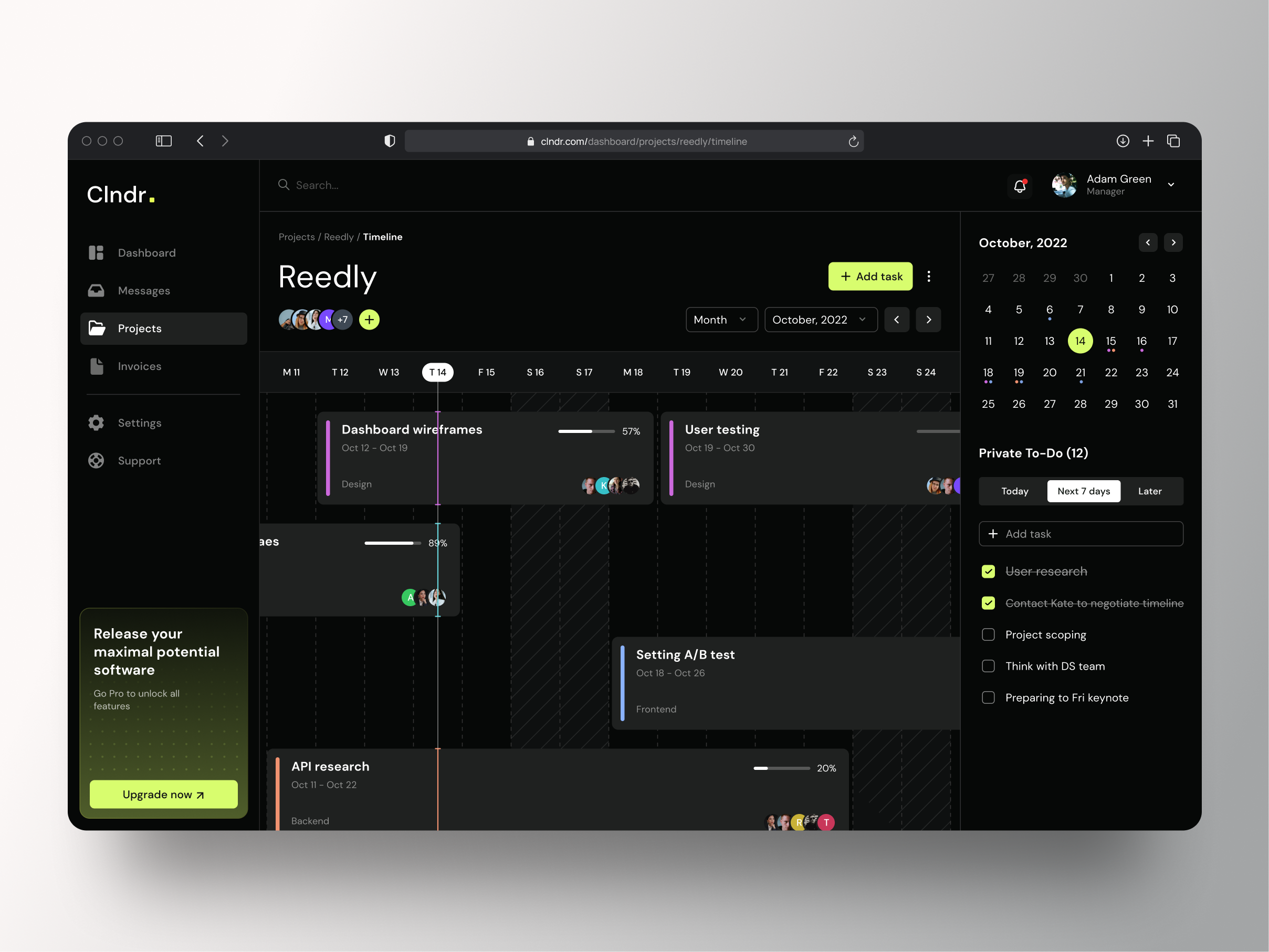 Example of Project Management Dashboard | Timeline | Dark Mode