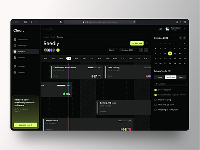 Project Management Dashboard | Timeline | Dark Mode analytics app calendar clean dashboard design desktop interface project roadmap saas task task managment team timeline ui ux web app