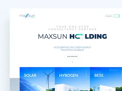 Website Landing Page - MAXSUN (Solar Energy Company) bess blue button clean company website effect energy glass gray holding hydrogen landing page light minimal solar panel switch website