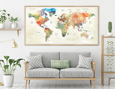 Travel Watercolor World Map - Push Pin Travel Map - World Pin