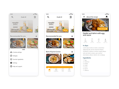 Cook it! - Home Page, Side menu & Recipe details cook it! feed food app food recipe home page side menu ui